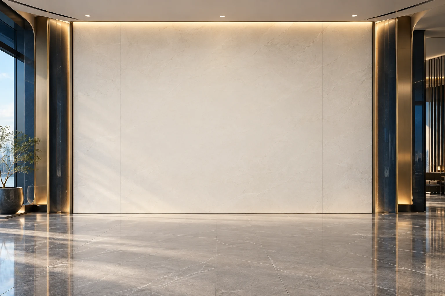 A contemporary office reception wall with warm architectural lighting.